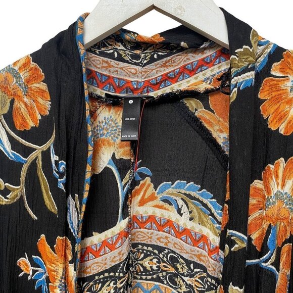 AQUA Boho Duster Size Small Black Floral Kimono Womens Open Front Top Shrug - Picture 4 of 9